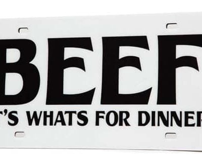 Beef License Plate Tag - Chrome Background/Red Logo