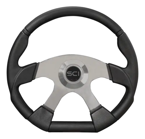 18″ Evolution Black D-Shaped Polyurethane Rim, Polished Aluminum 4-Spoke